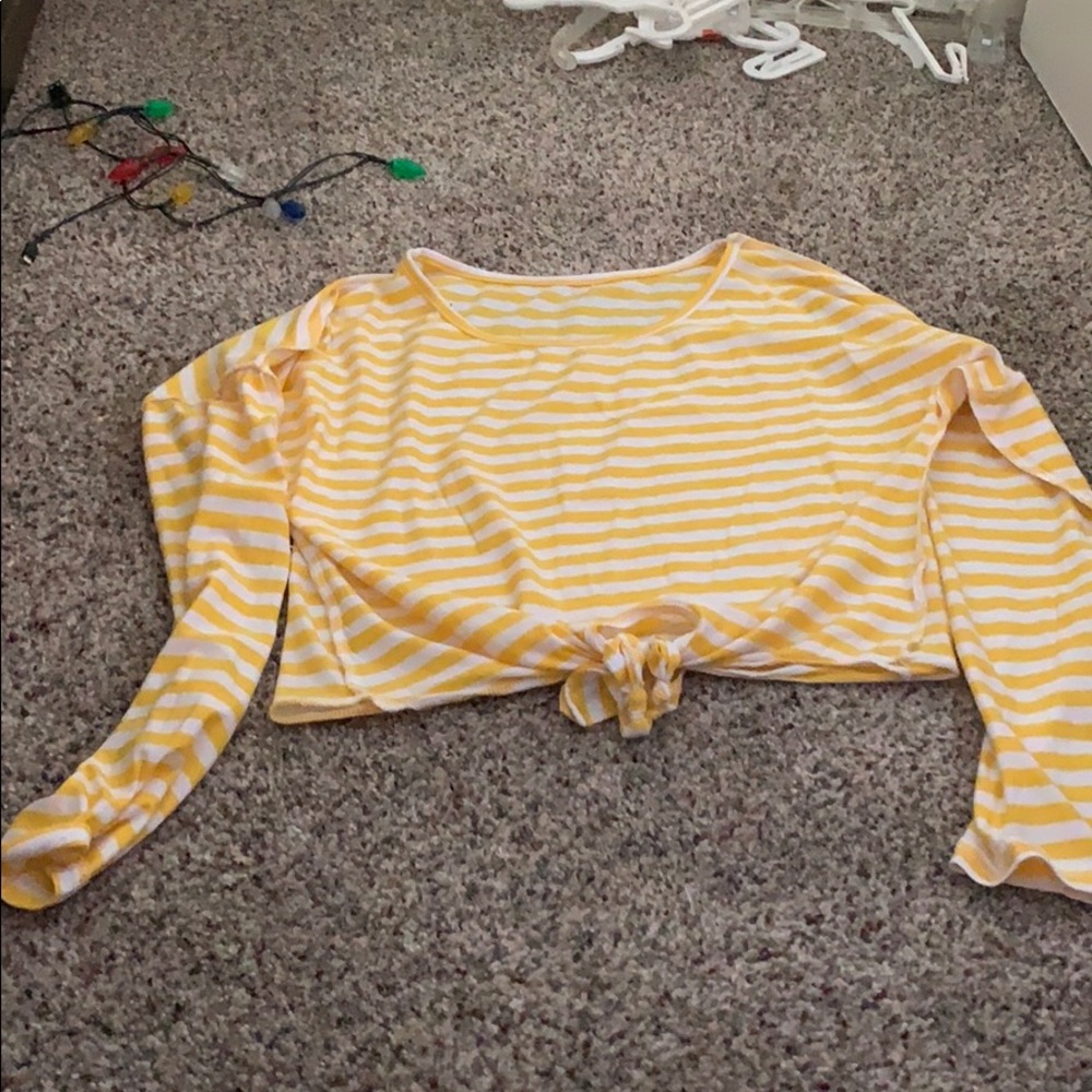 Yellow and white striped long sleeve crop top